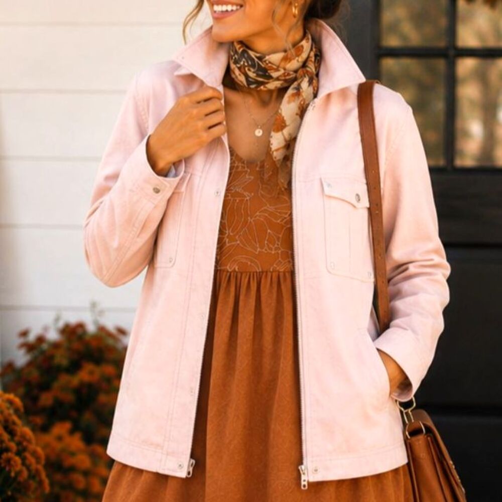 Denim & Co Pink Utility Barn Jacket Shacket Plus Size 1X Boxy Crop Zip Cotton